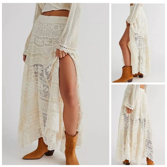 Free People Dresses & Skirts - Free People Rebel Rebel Maxi Skirt FLAW Crochet Lace Cream Slit Boho Festival L